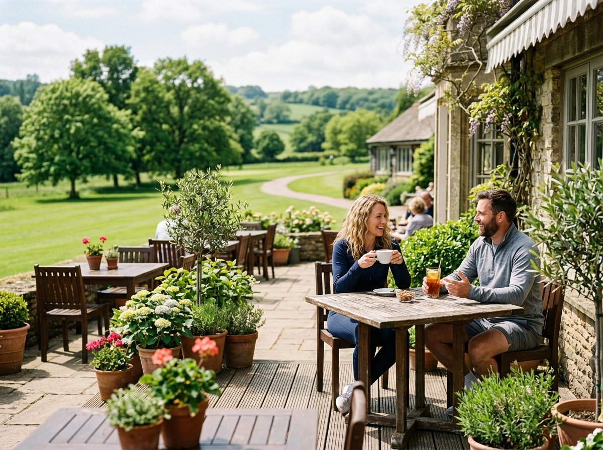 The cafe terrace overlooking the valley