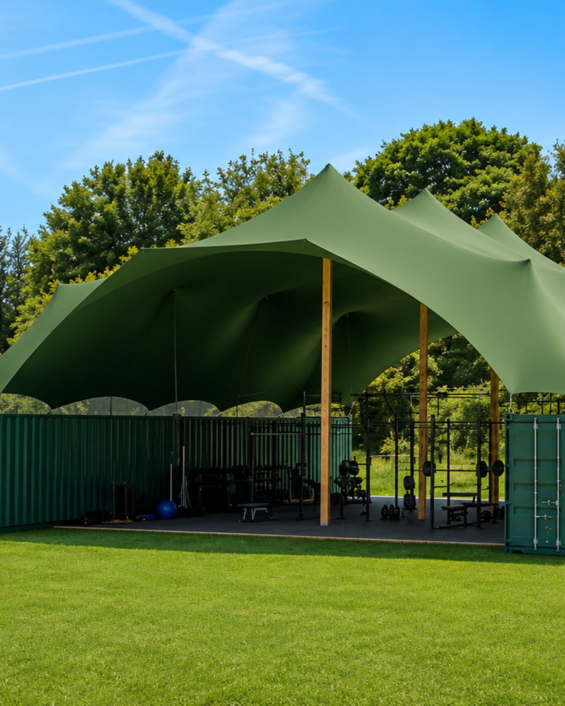 The covered outdoor gym under a green canopy on the grounds